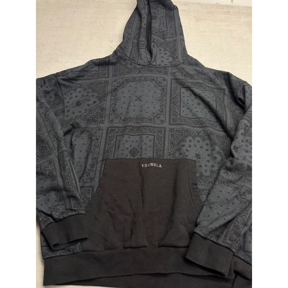 YoungLA Mens Black Bandana Paisley Print Oversized Hoodie XL Gym Training